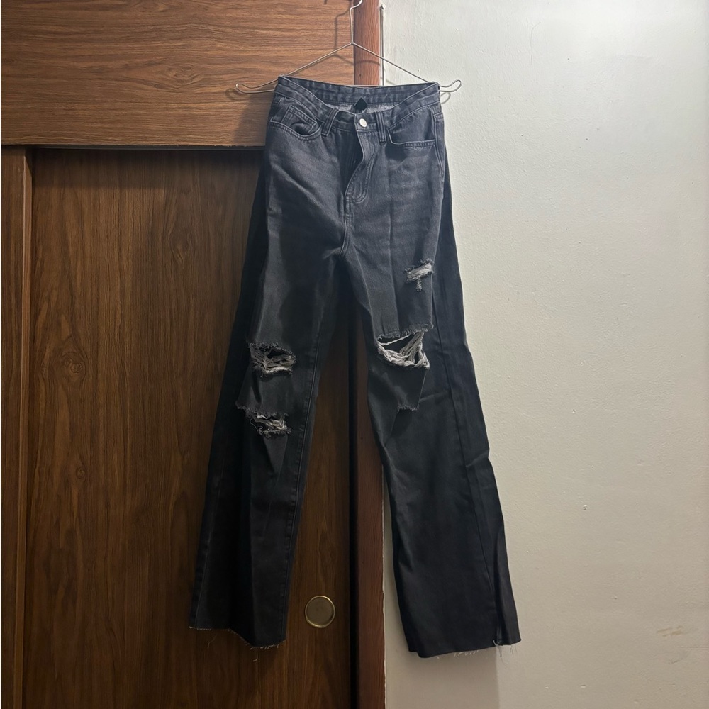 High Waisted Ripped Straight Leg Jeans (black/gray)